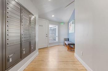 Row of metal lockers in hallway